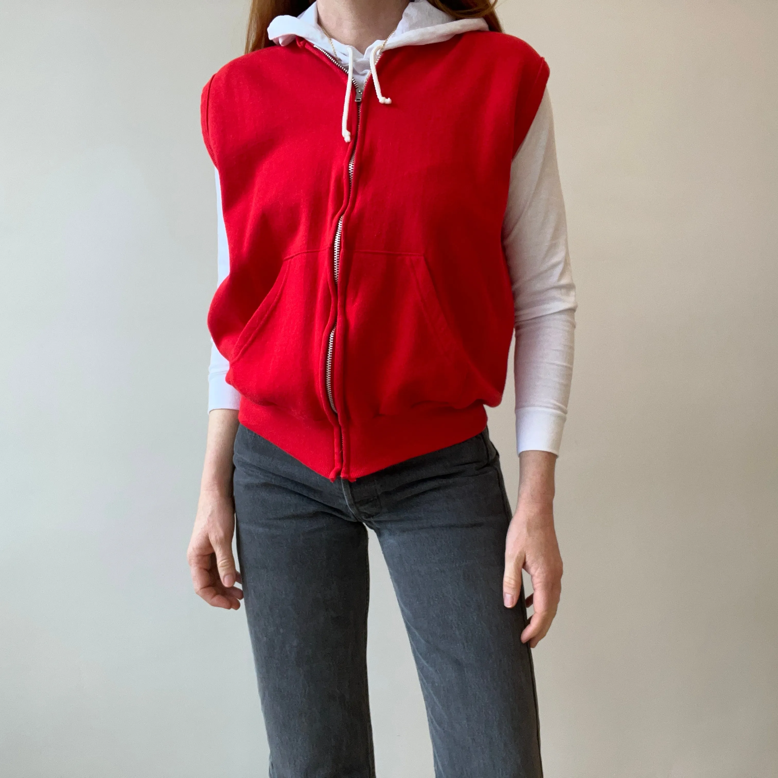 1980s Barely/Never Worn Lipstick Red Zip Up Sweatshirt Vest