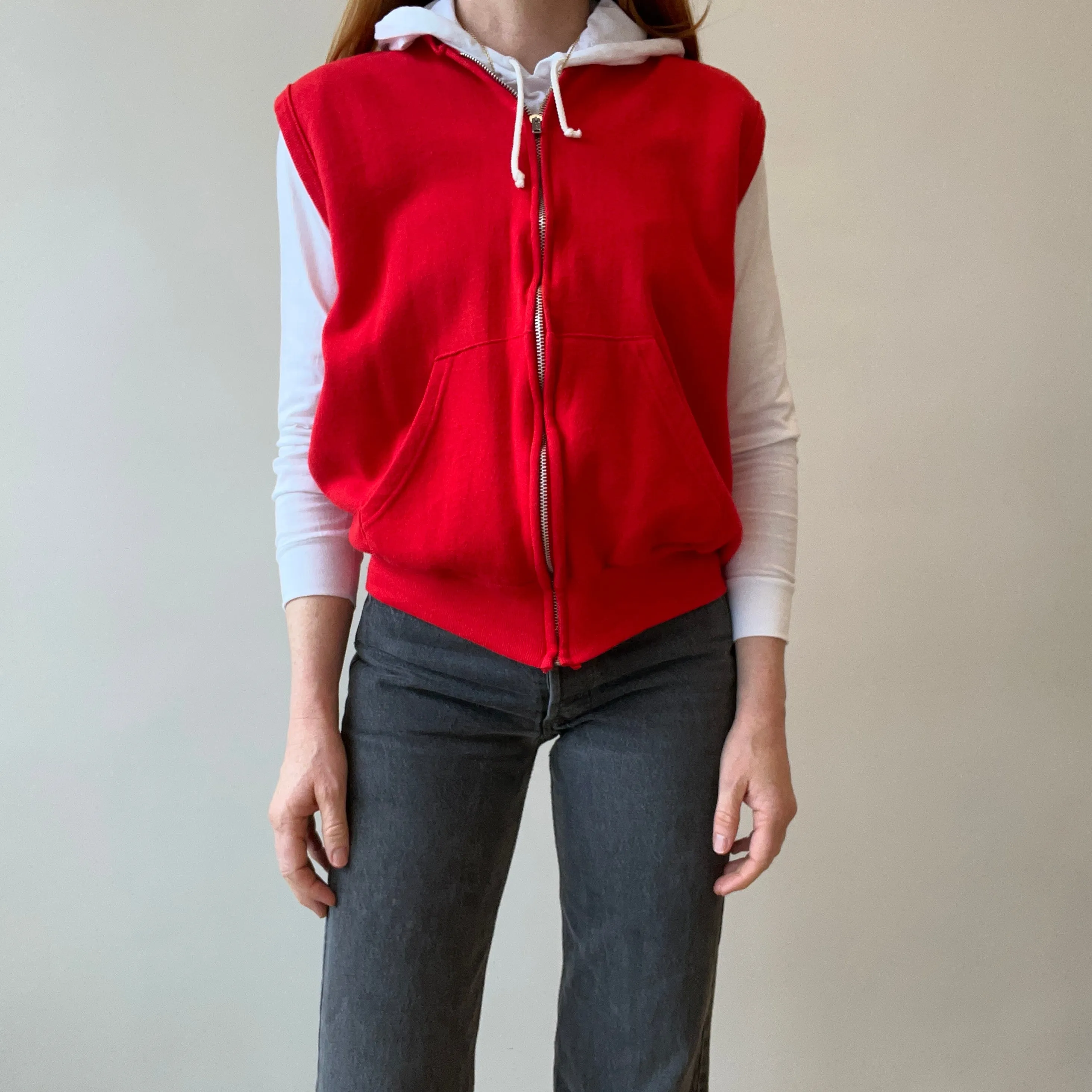 1980s Barely/Never Worn Lipstick Red Zip Up Sweatshirt Vest