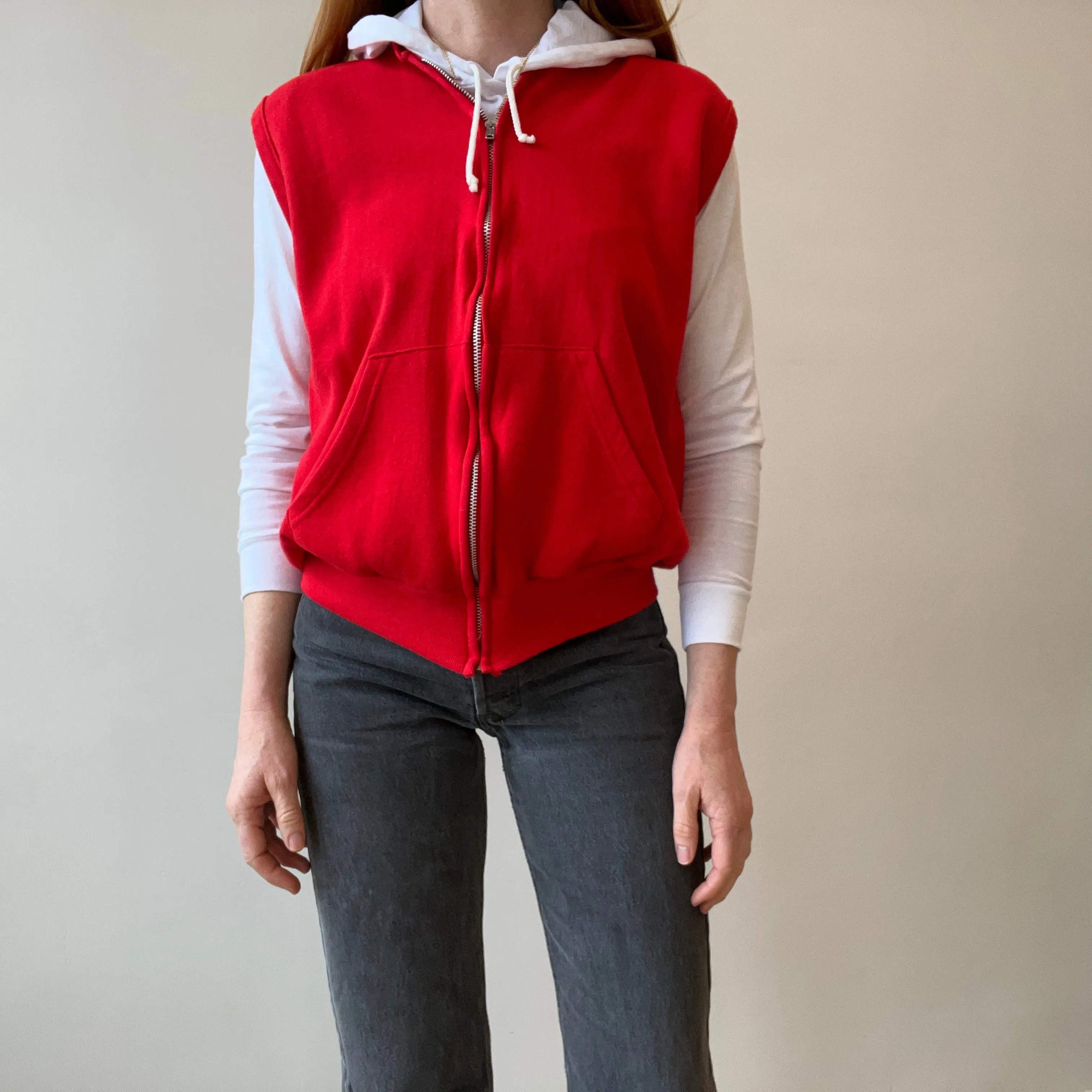 1980s Barely/Never Worn Lipstick Red Zip Up Sweatshirt Vest