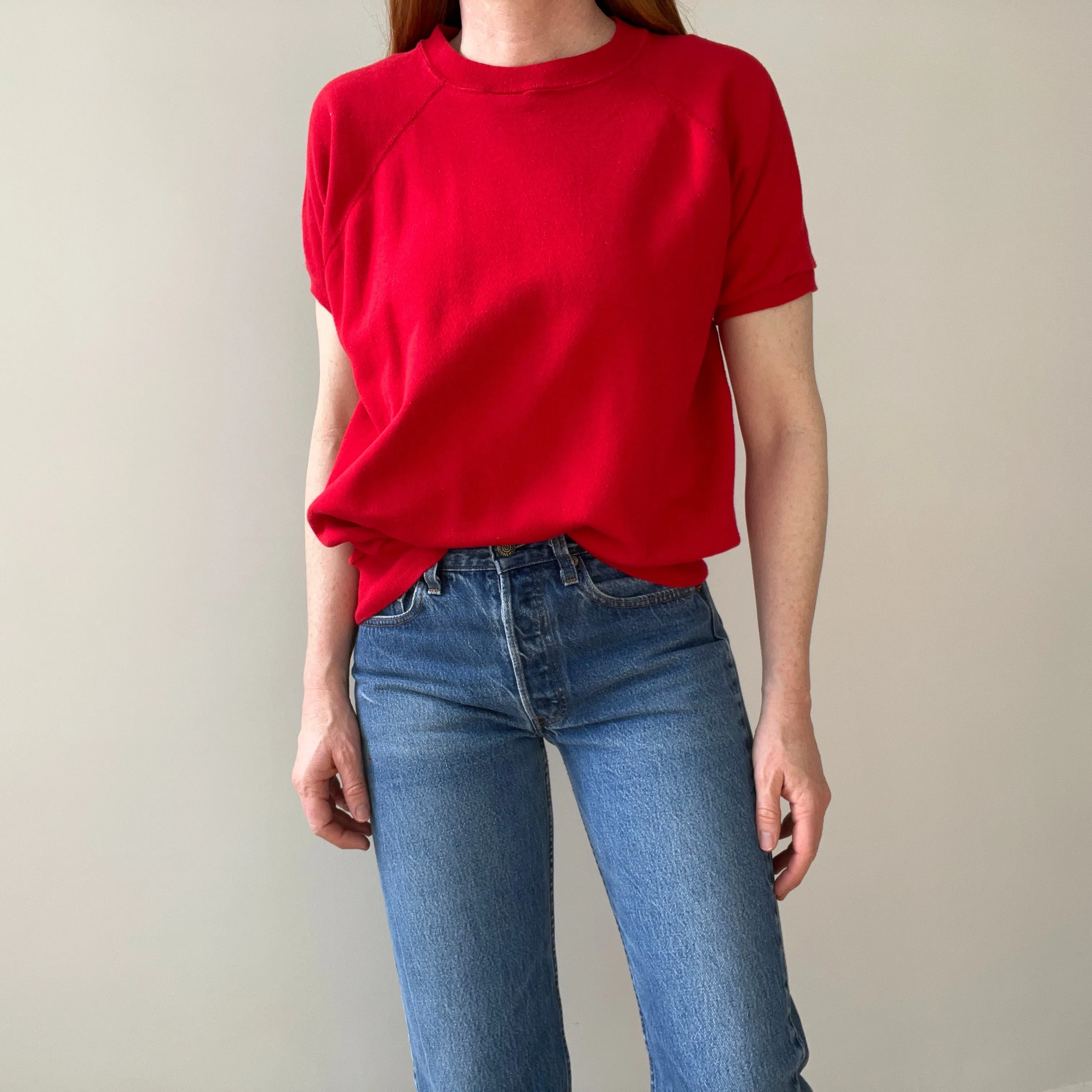 1980s Blank Lipstick Red Short Sleeve Warm Up Sweatshirt