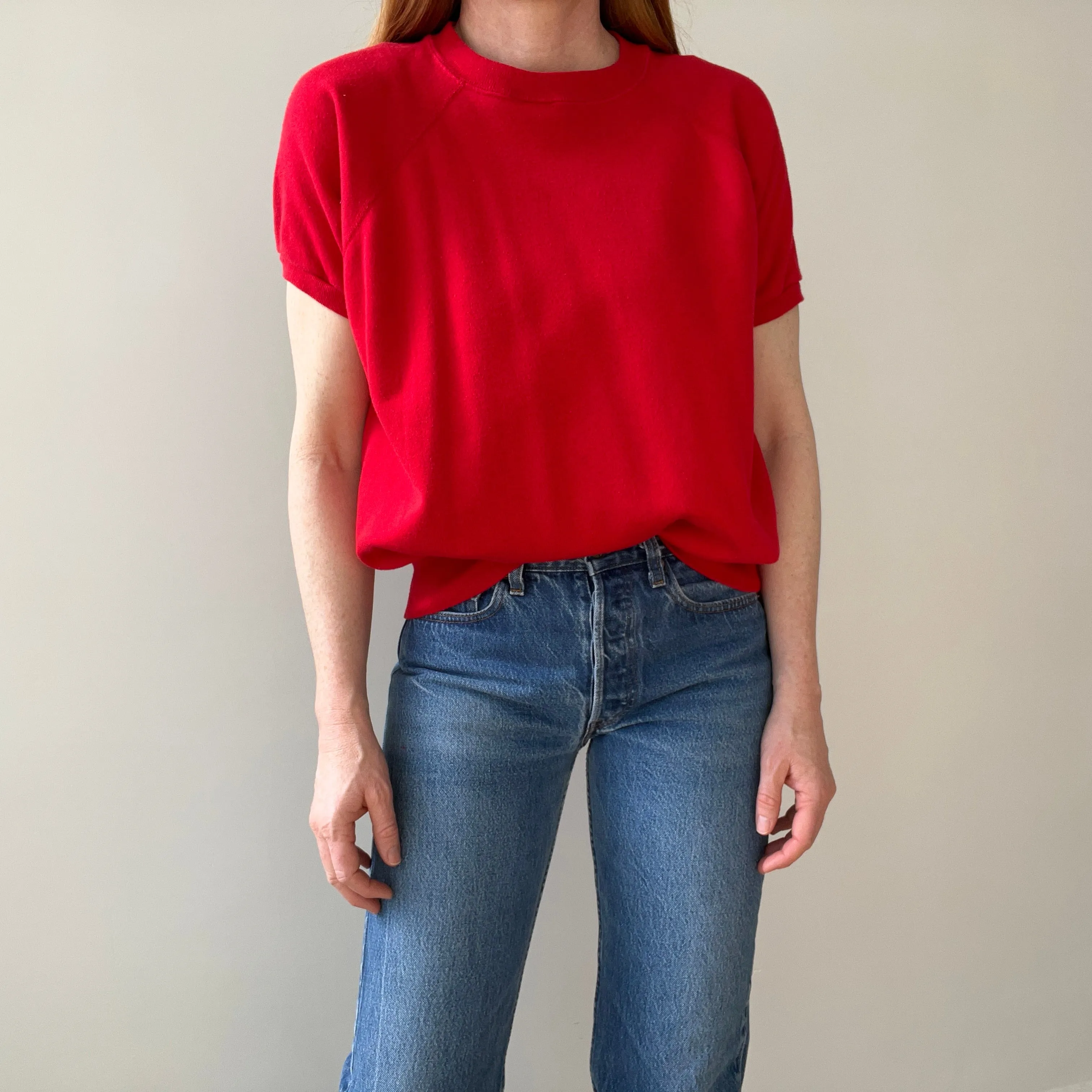 1980s Blank Lipstick Red Short Sleeve Warm Up Sweatshirt