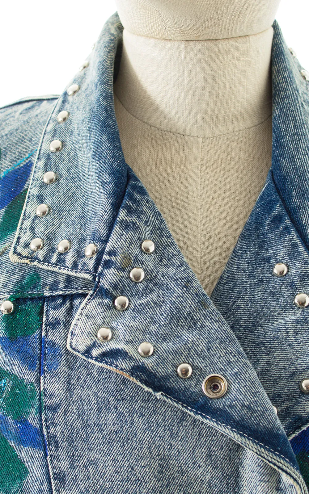 1990s Hand-Painted Glitter Roses Studded Jean Jacket | large