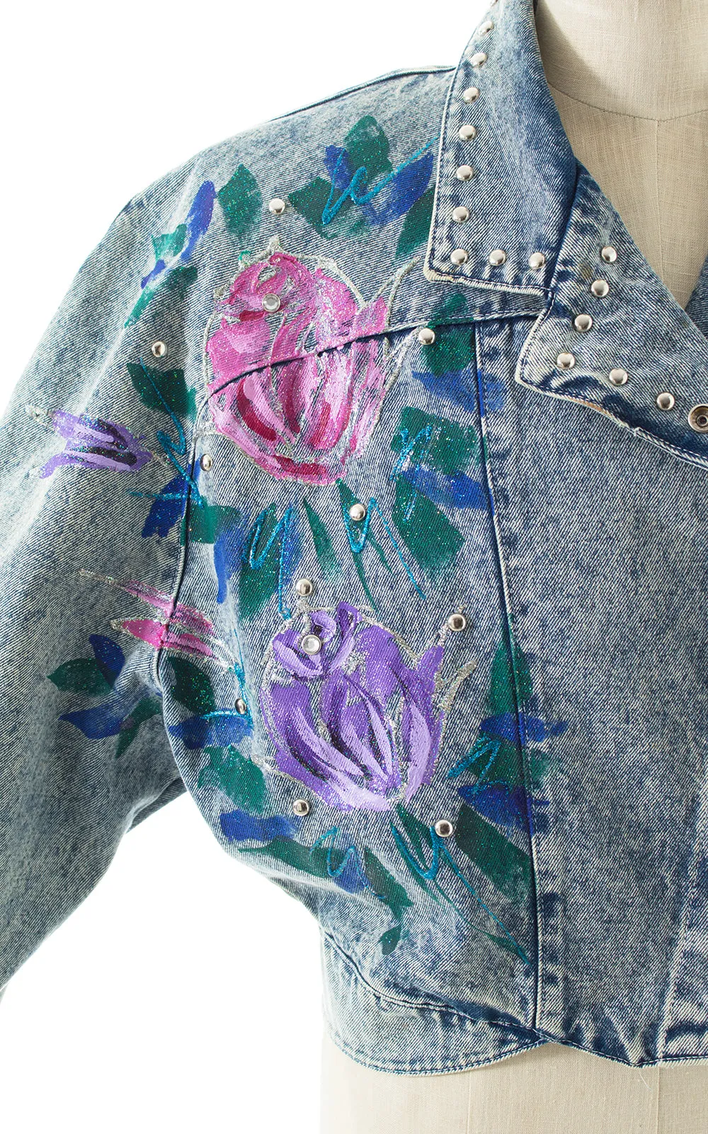 1990s Hand-Painted Glitter Roses Studded Jean Jacket | large