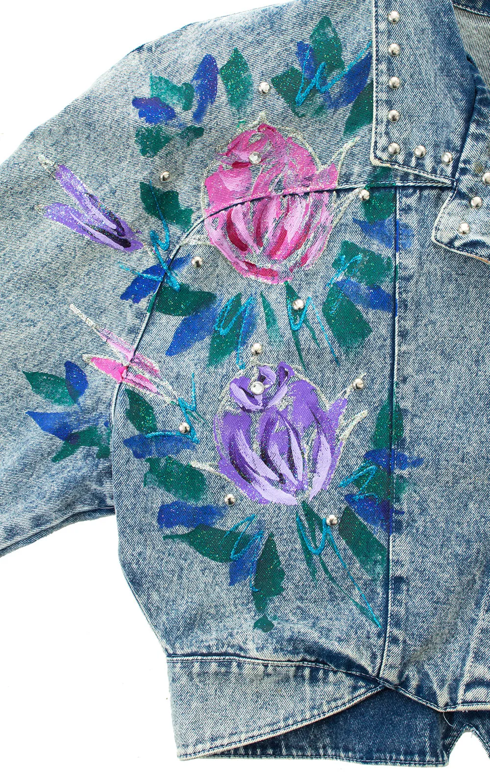 1990s Hand-Painted Glitter Roses Studded Jean Jacket | large