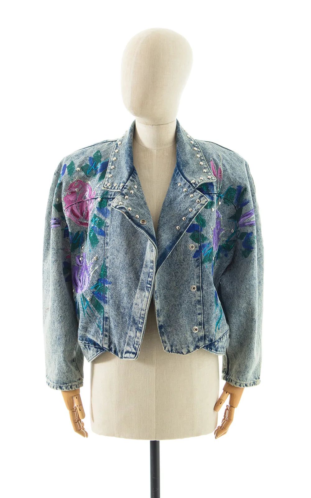 1990s Hand-Painted Glitter Roses Studded Jean Jacket | large
