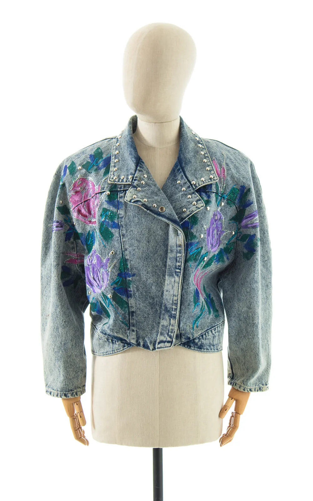 1990s Hand-Painted Glitter Roses Studded Jean Jacket | large