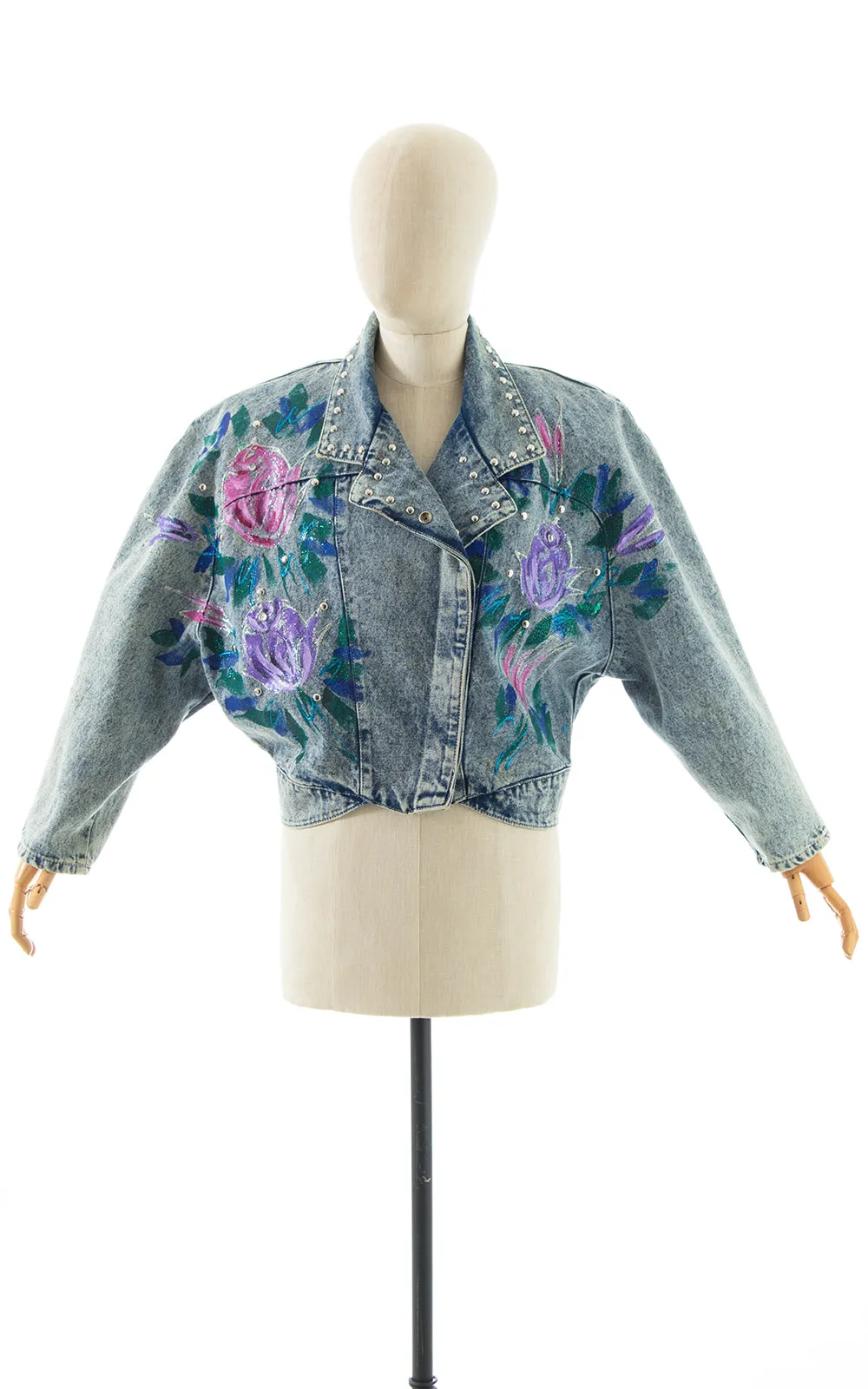 1990s Hand-Painted Glitter Roses Studded Jean Jacket | large