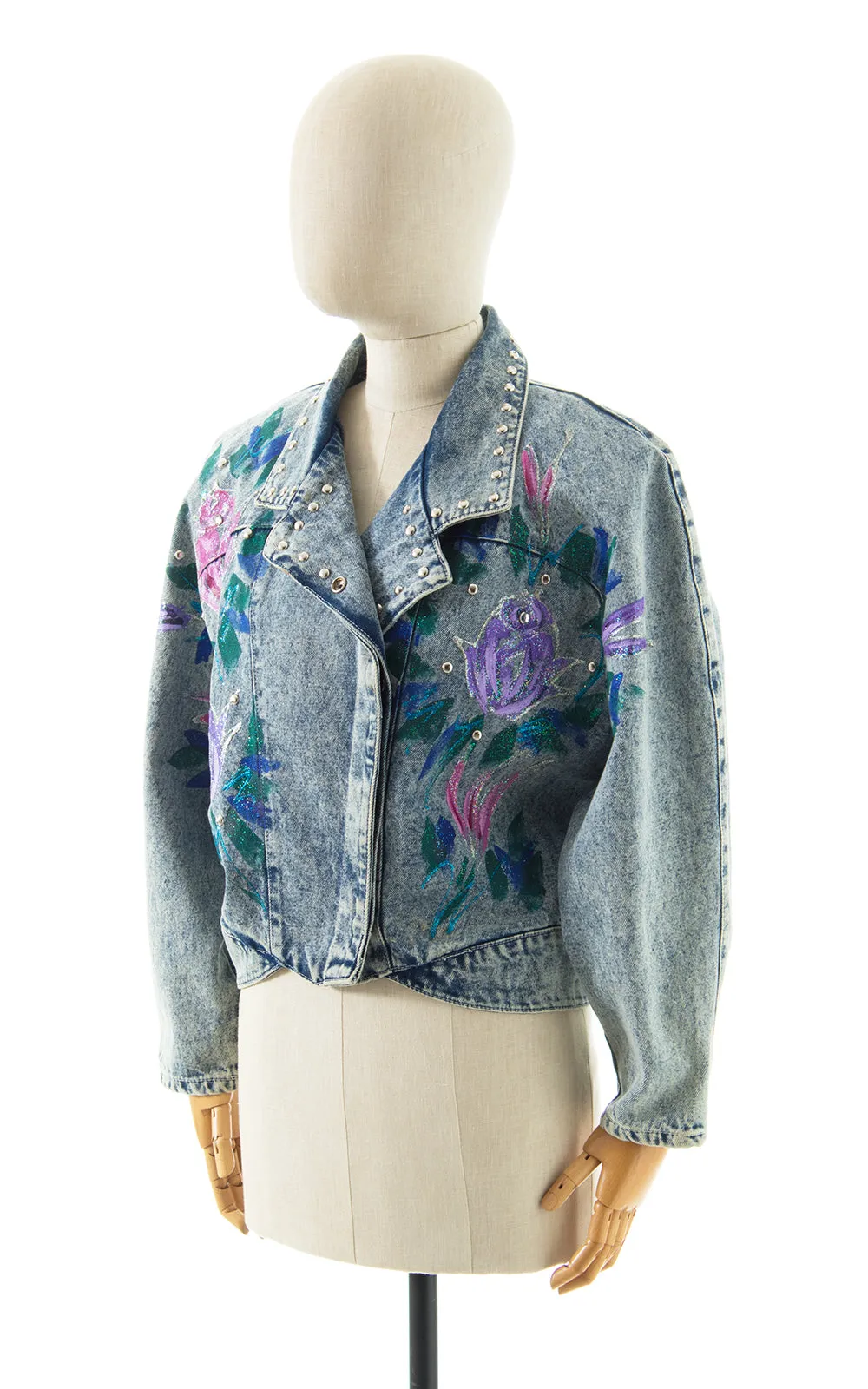 1990s Hand-Painted Glitter Roses Studded Jean Jacket | large