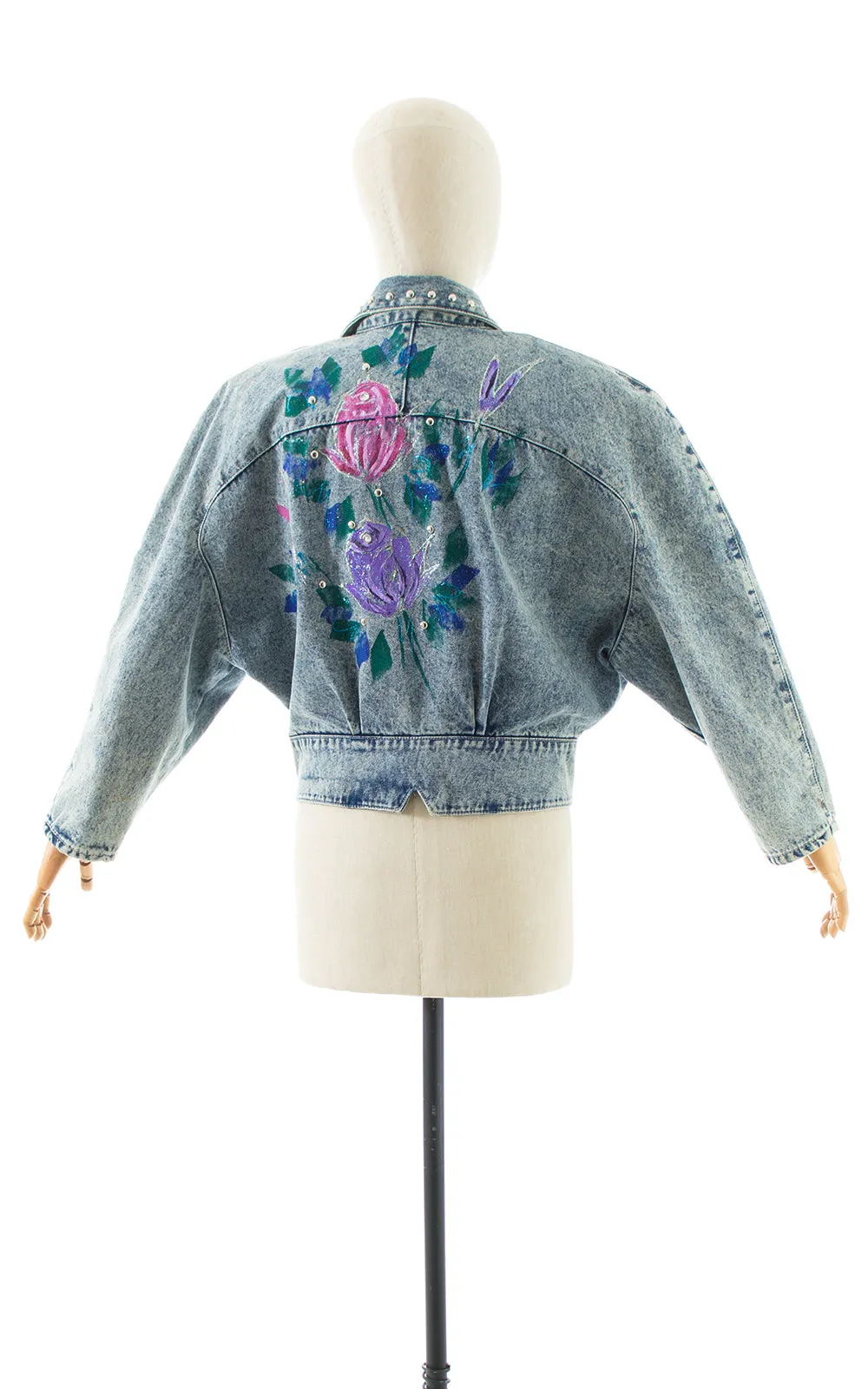1990s Hand-Painted Glitter Roses Studded Jean Jacket | large