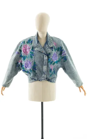 1990s Hand-Painted Glitter Roses Studded Jean Jacket | large