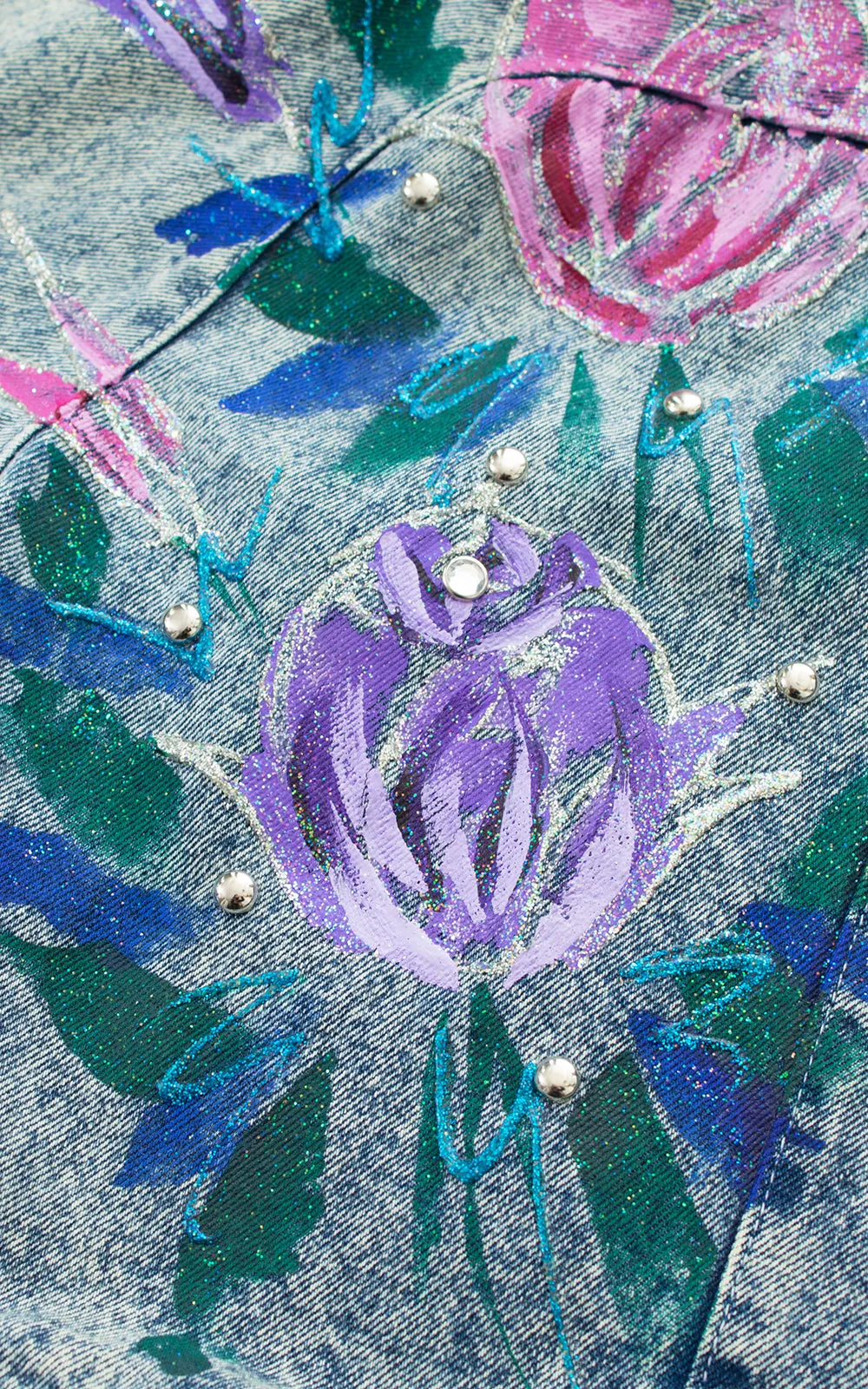 1990s Hand-Painted Glitter Roses Studded Jean Jacket | large
