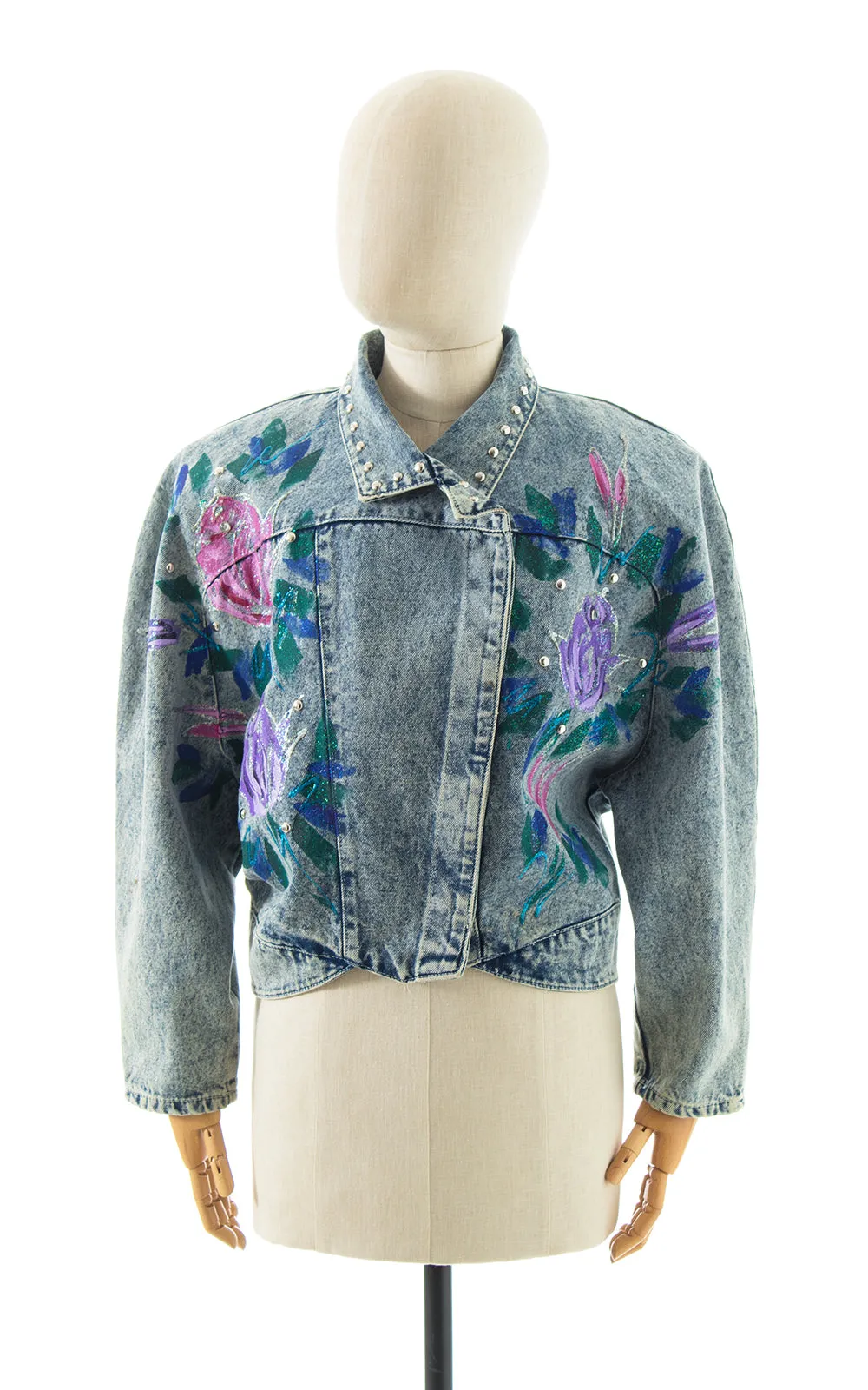 1990s Hand-Painted Glitter Roses Studded Jean Jacket | large