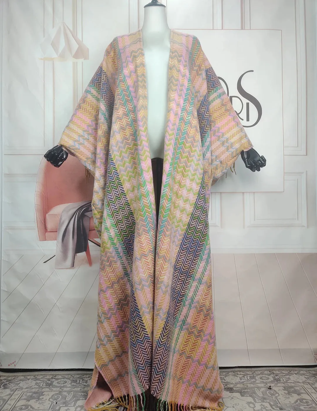 2023 Fashion New Winter Rainbow Wave Fuzzy Long Cardigans Plus Size African Blogger Warm Boho Duster Coat For Holiday