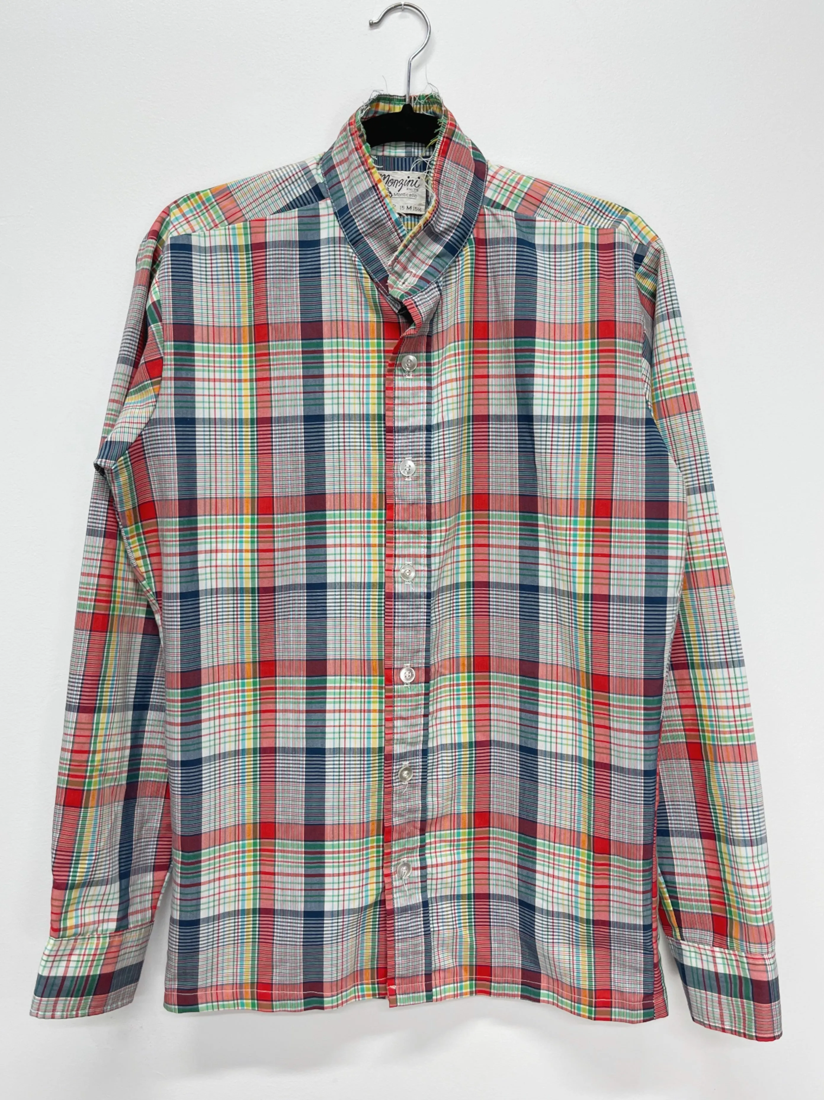 70s Vintage Frayed Collar Button-Up Plaid Shirt (M)