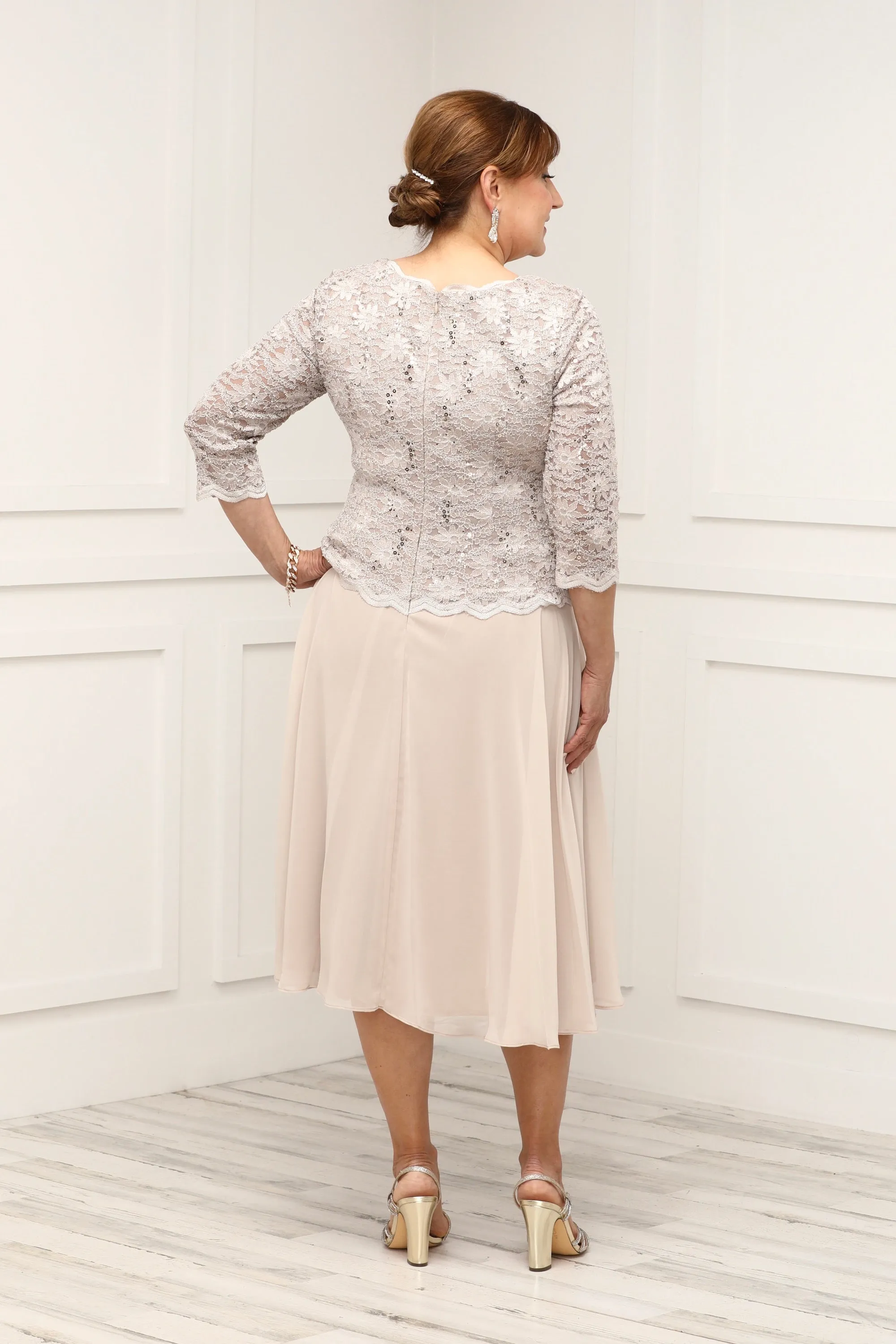 Alex Evenings Petite Women's Tea Length Sequin Mother of The Bride Mock Dress