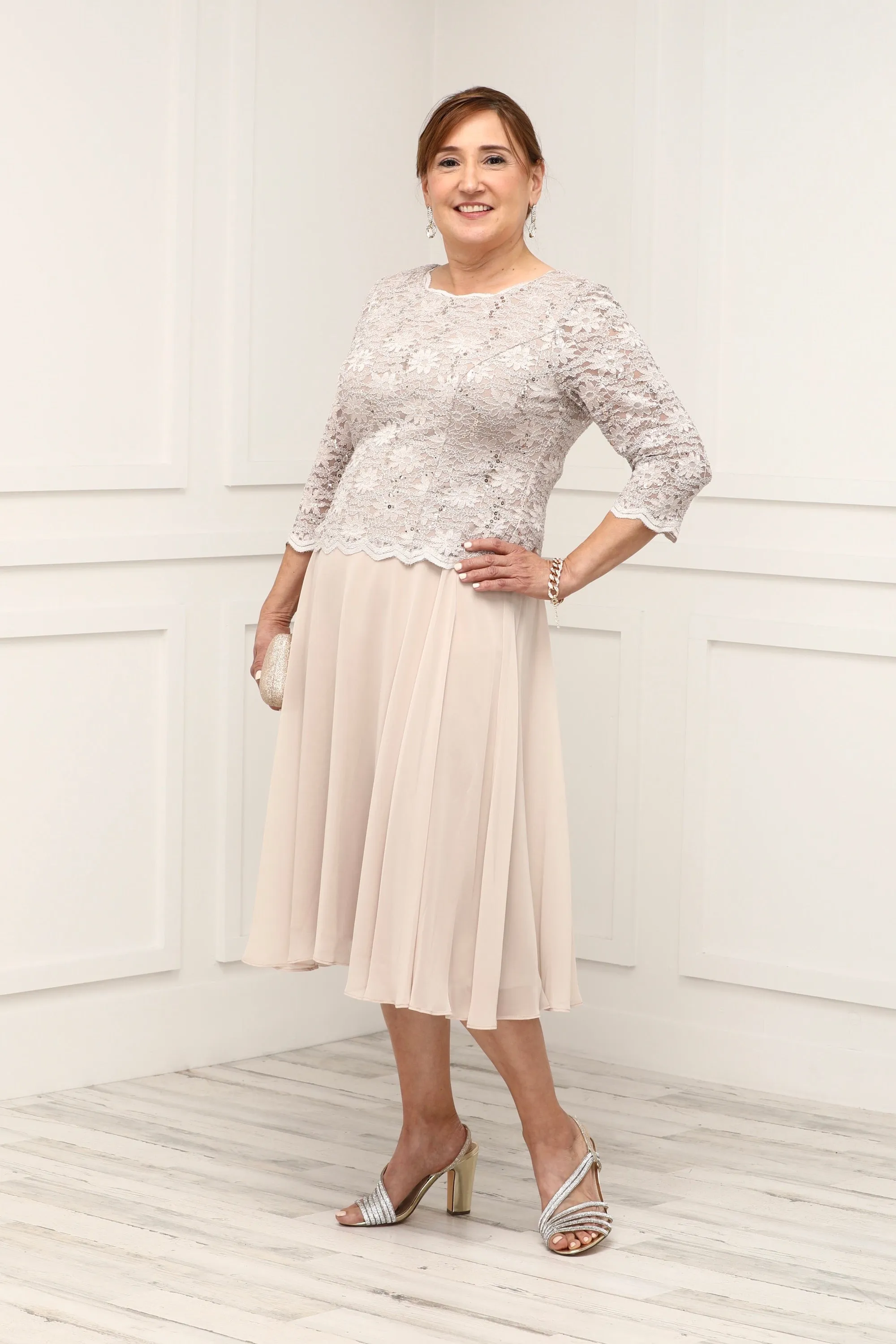 Alex Evenings Petite Women's Tea Length Sequin Mother of The Bride Mock Dress