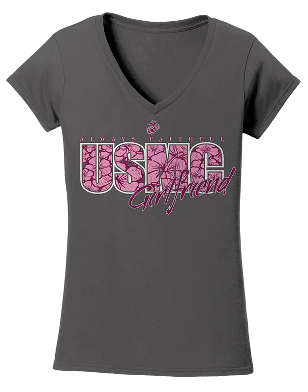 Always Faithful Hibiscus Girlfriend Ladies V-Neck T-Shirt-Charcoal