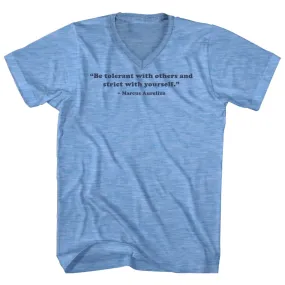 Be Tolerant With Others And Strict With Yourself. - Marcus Aurelius Quote Tees Adult Tri-Blend V-neck T-shirt