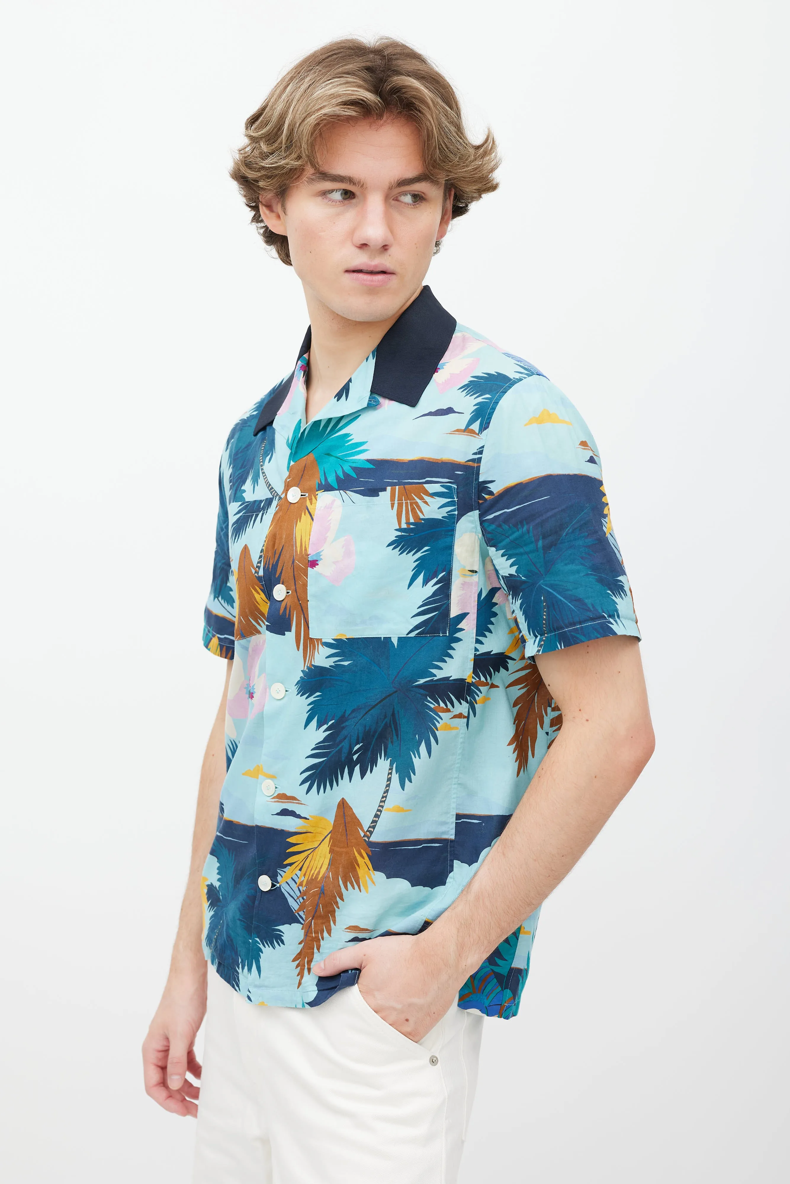 Blue Floral Cotton Button Up Shirt