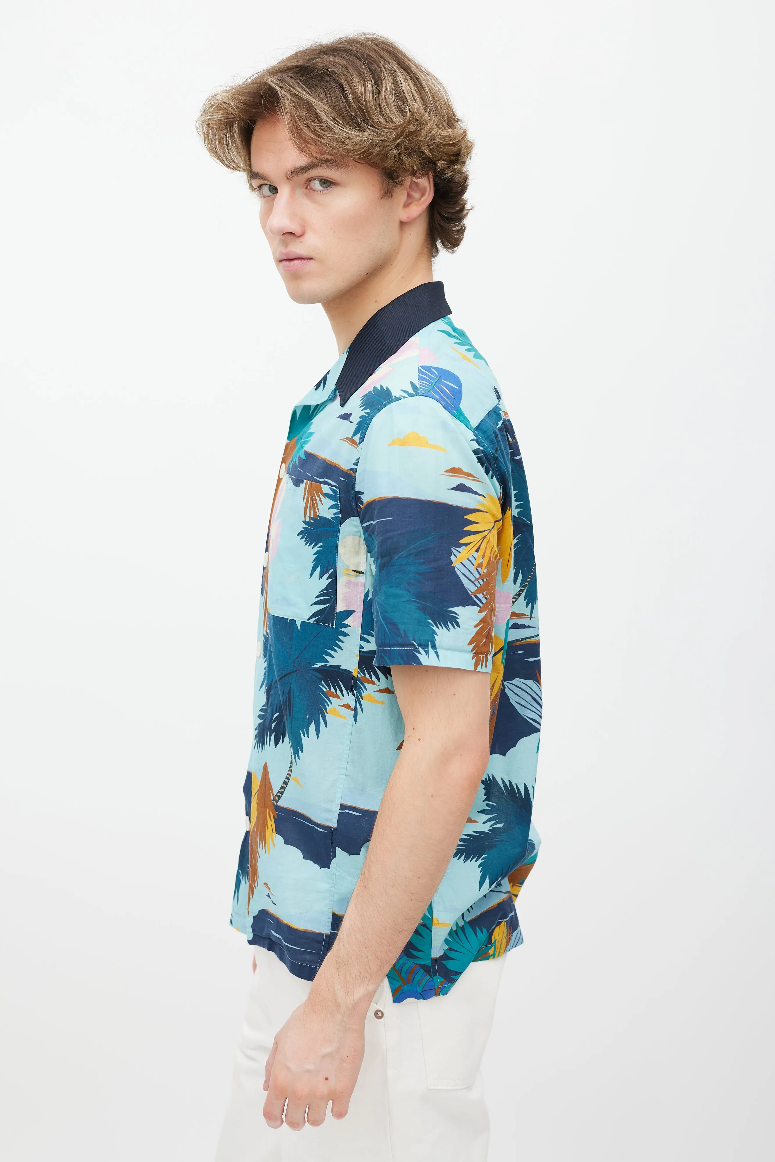 Blue Floral Cotton Button Up Shirt