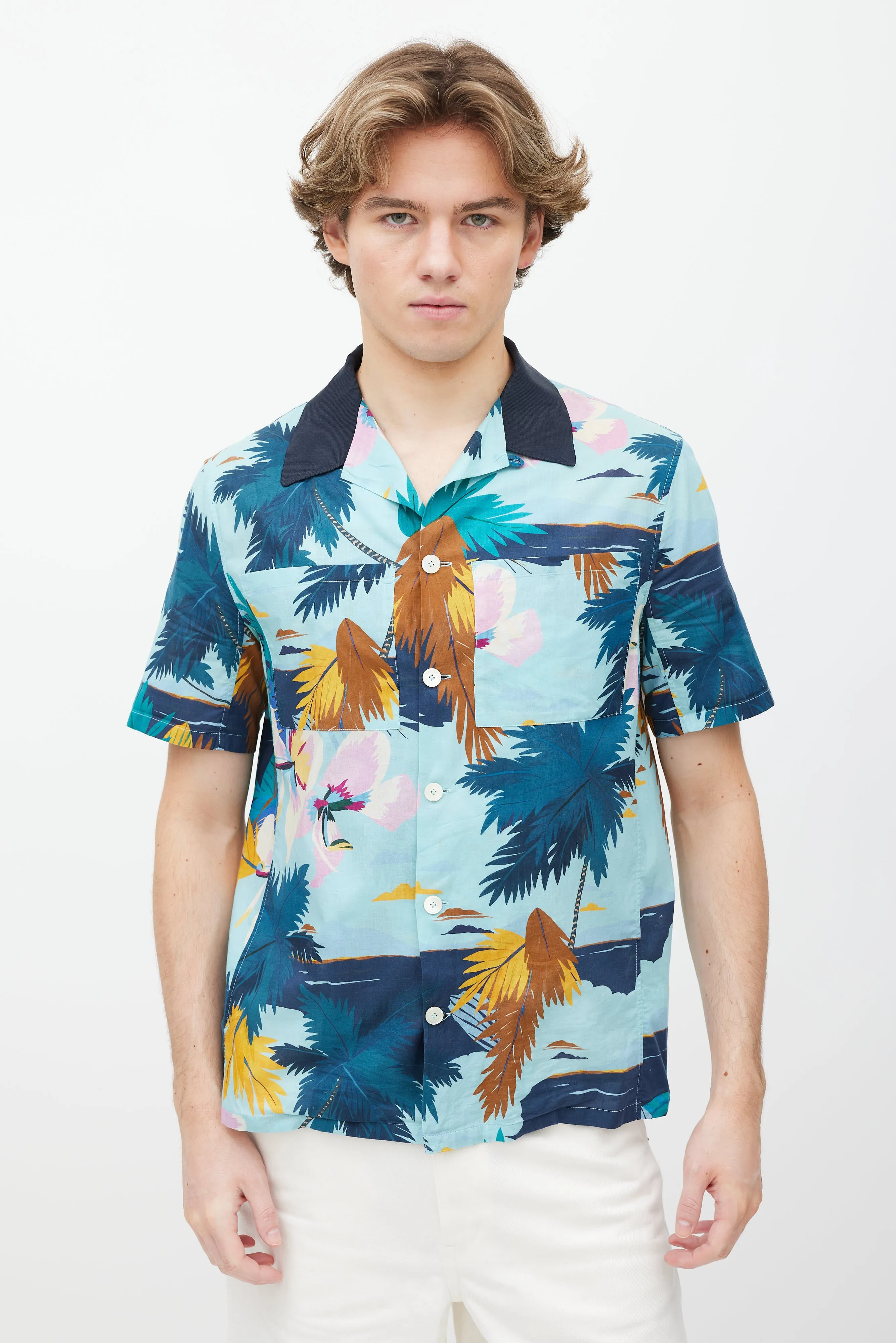 Blue Floral Cotton Button Up Shirt