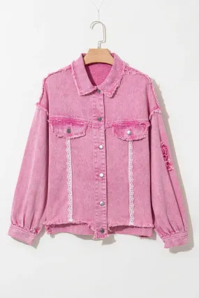 Chic pink lace denim jacket
