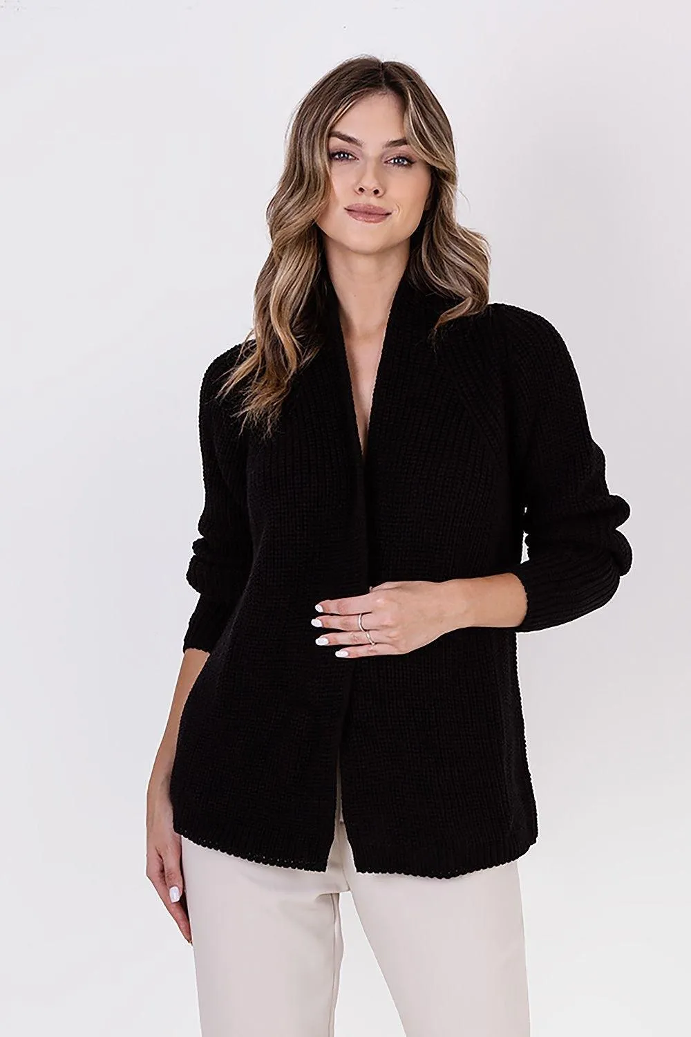 Chic Ribbed Stand-Up Collar Cardigan by MKM