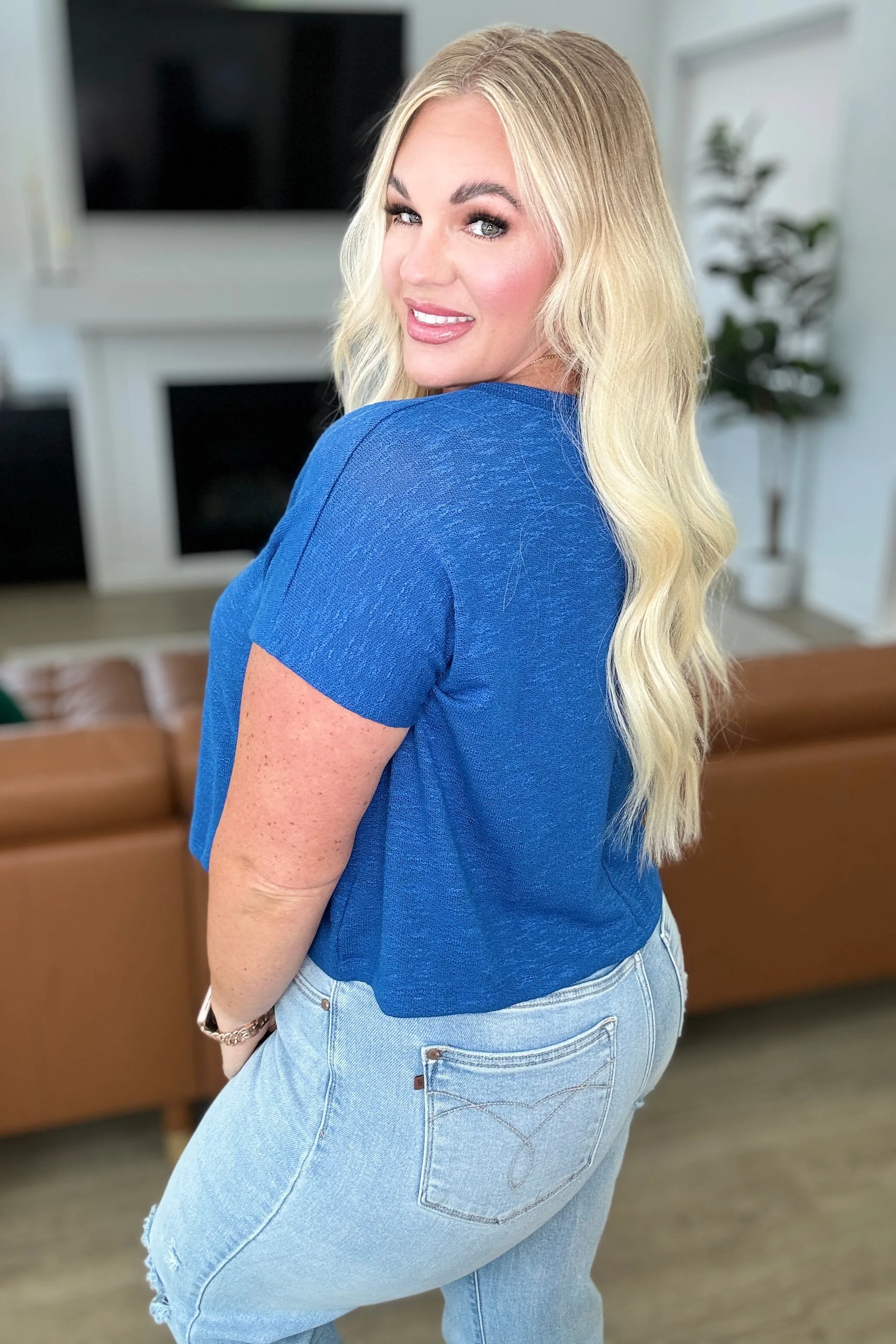Classic Comfort Cropped V-Neck in Classic Blue