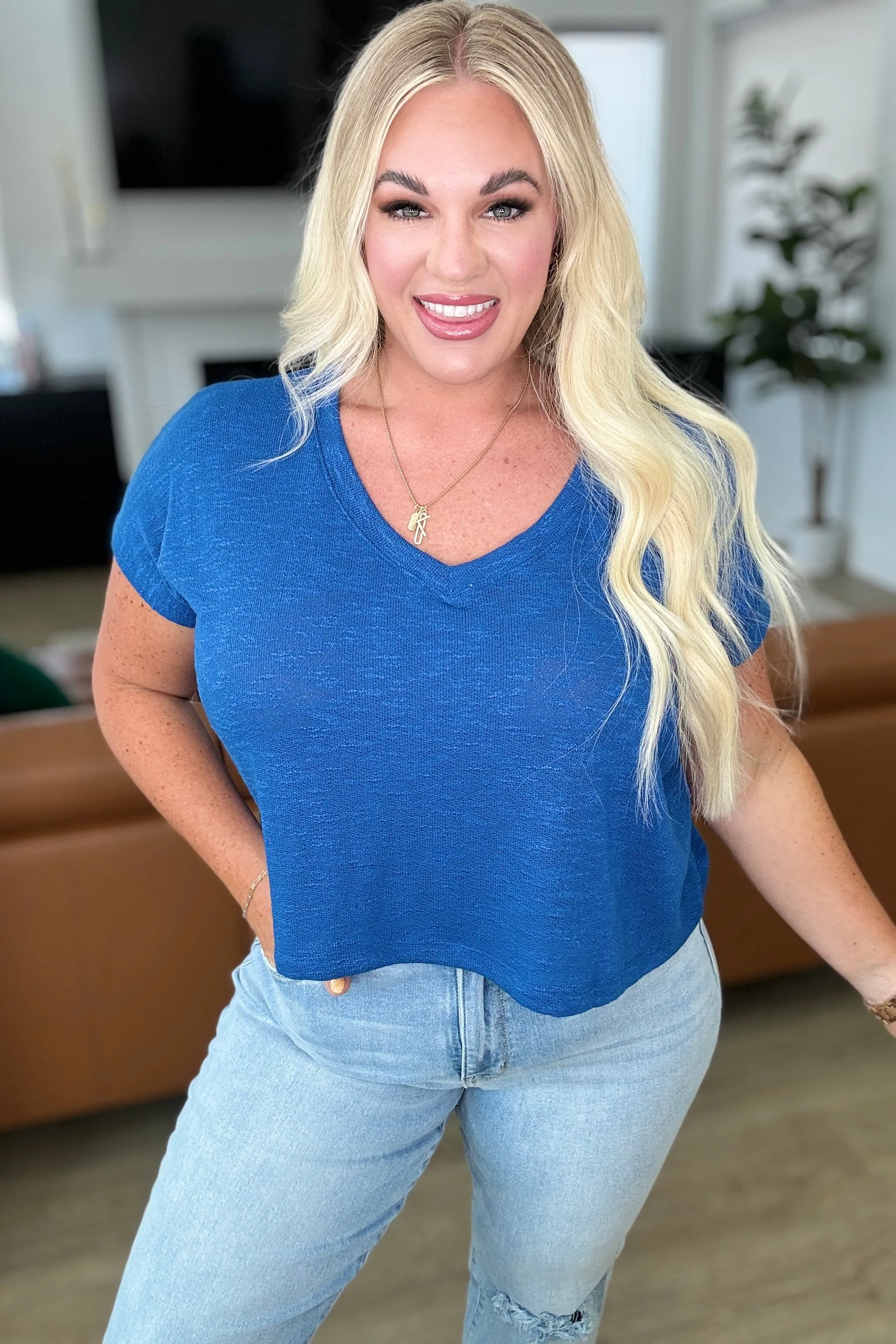 Classic Comfort Cropped V-Neck in Classic Blue