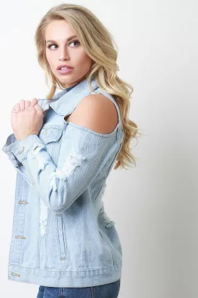 Cold Shoulder Distress Denim Jean Jacket