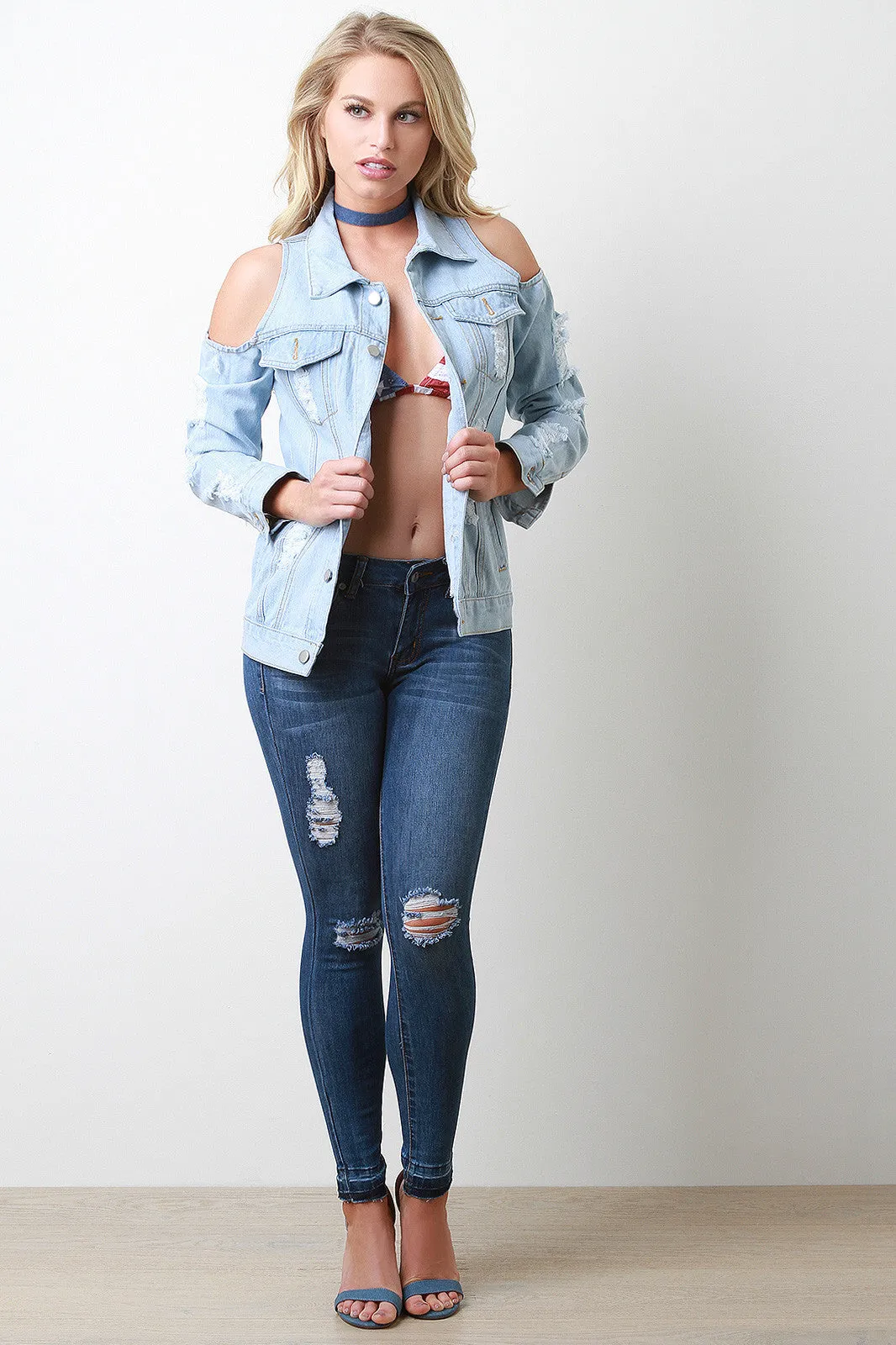 Cold Shoulder Distress Denim Jean Jacket