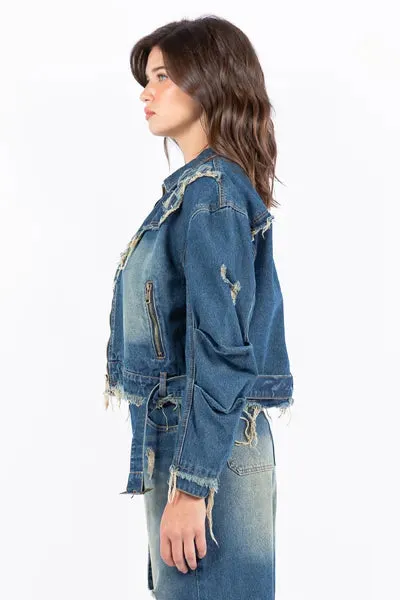 Distressed Frayed Edge Zip-Up Denim Jacket – Edgy & Vintage-Inspired Outerwear
