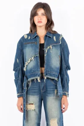 Distressed Frayed Edge Zip-Up Denim Jacket – Edgy & Vintage-Inspired Outerwear