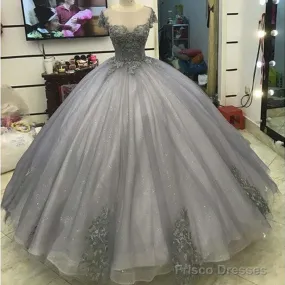 Elegant Silver Tulle Ball Gowns Prom Dresses Lace Appliques
