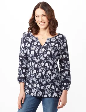 Long Sleeve Floral Knit Top with Lace Inset