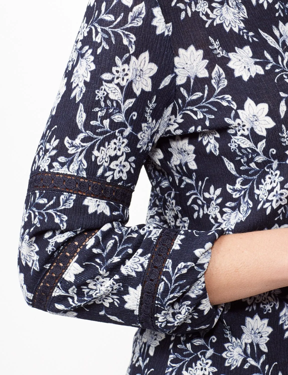Long Sleeve Floral Knit Top with Lace Inset