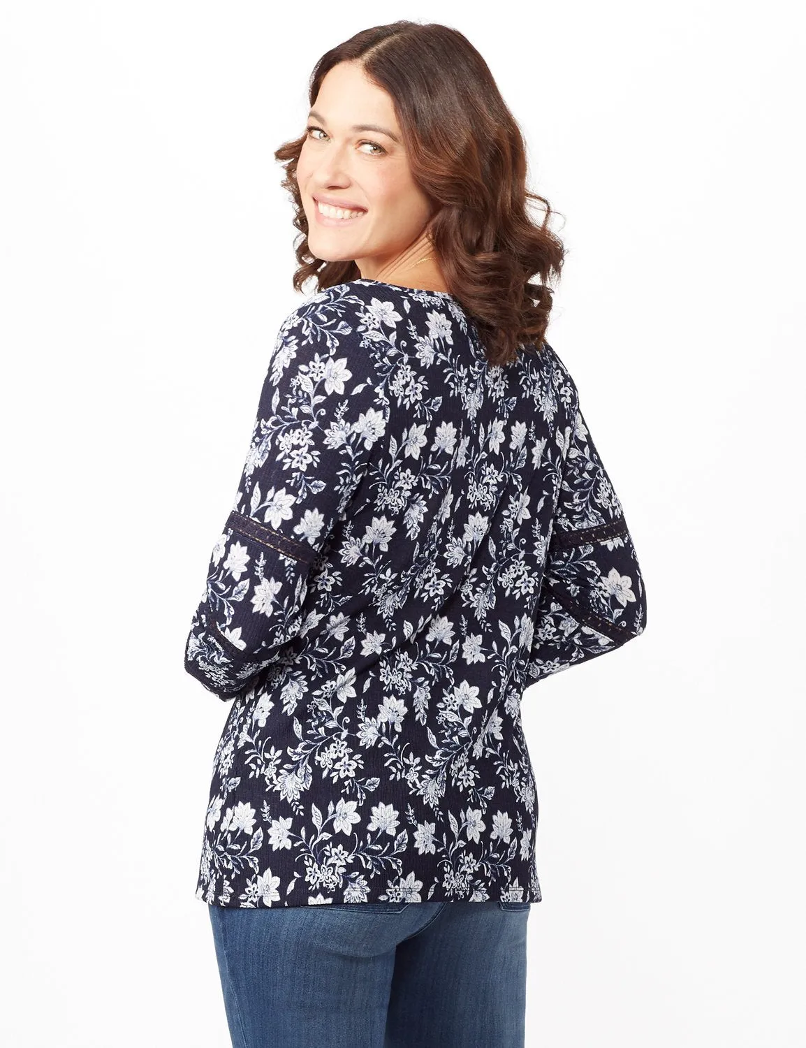 Long Sleeve Floral Knit Top with Lace Inset