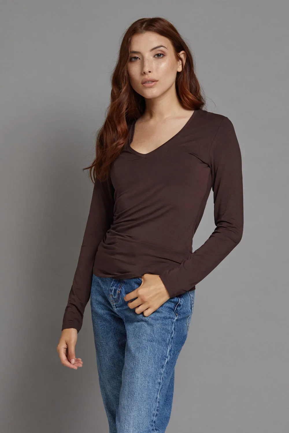 Majestic Long Sleeve Viscose V-Neck Tee in Coffee