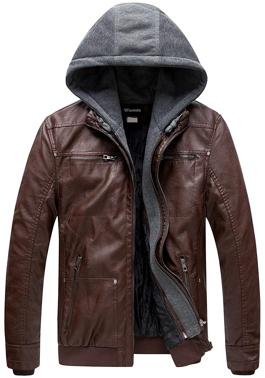 Men's Faux Leather Jacket with Removable Hood