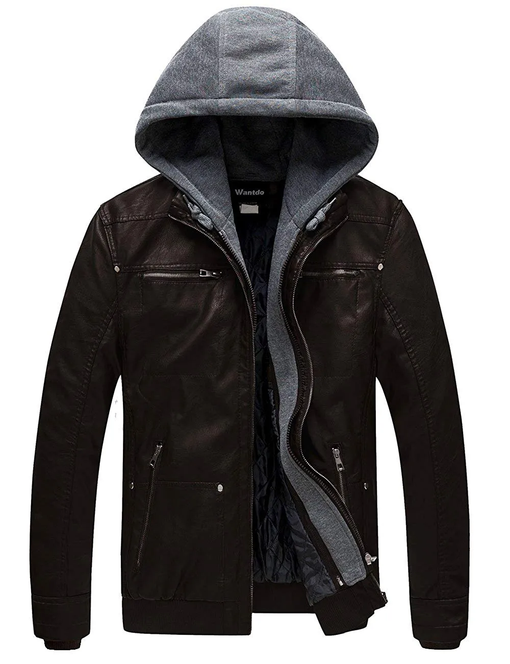 Men's Faux Leather Jacket with Removable Hood