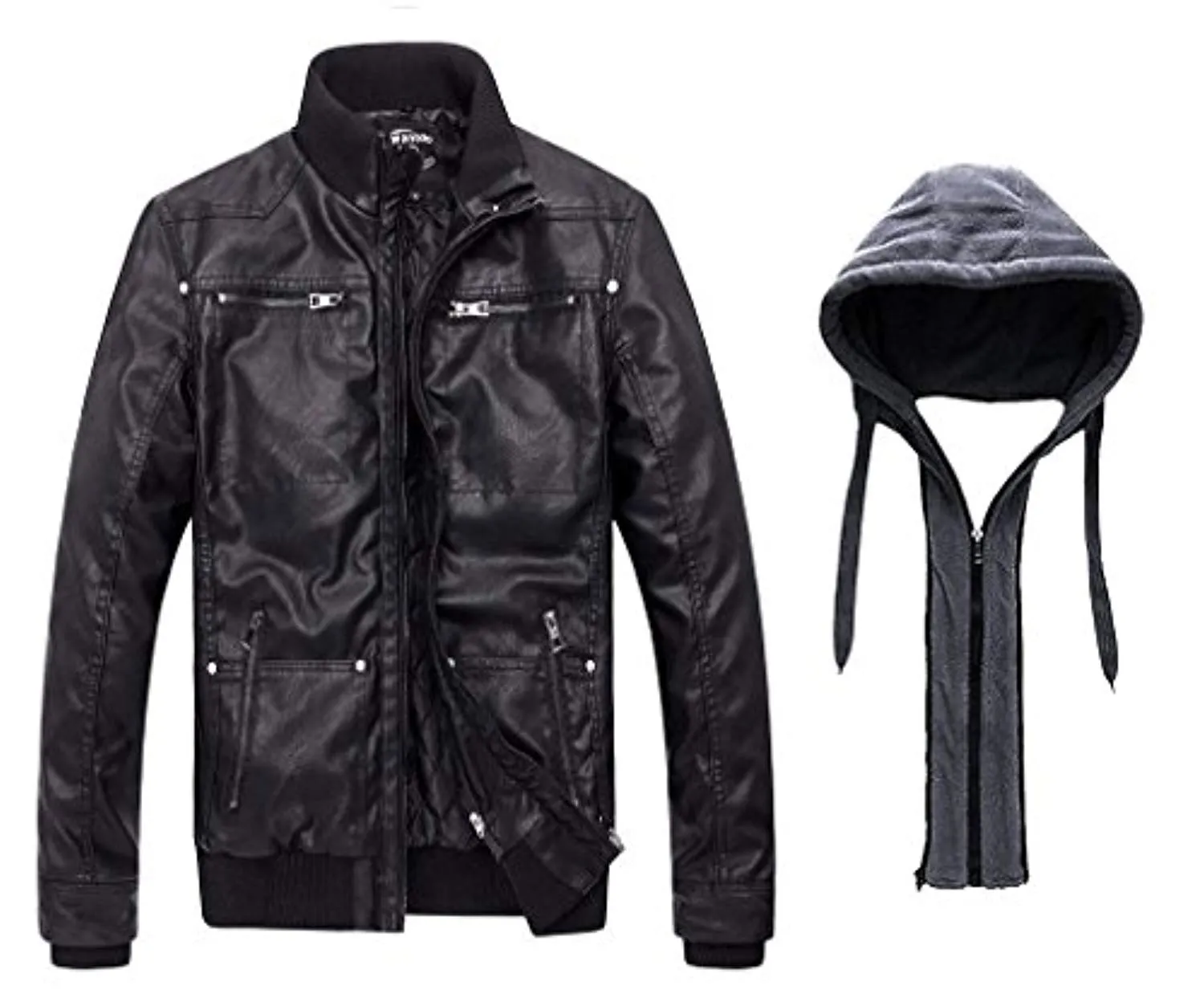 Men's Faux Leather Jacket with Removable Hood