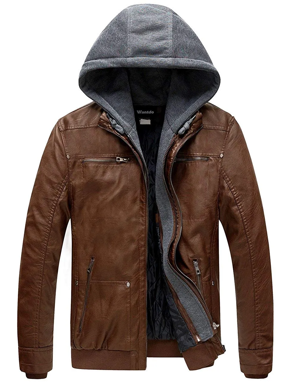 Men's Faux Leather Jacket with Removable Hood