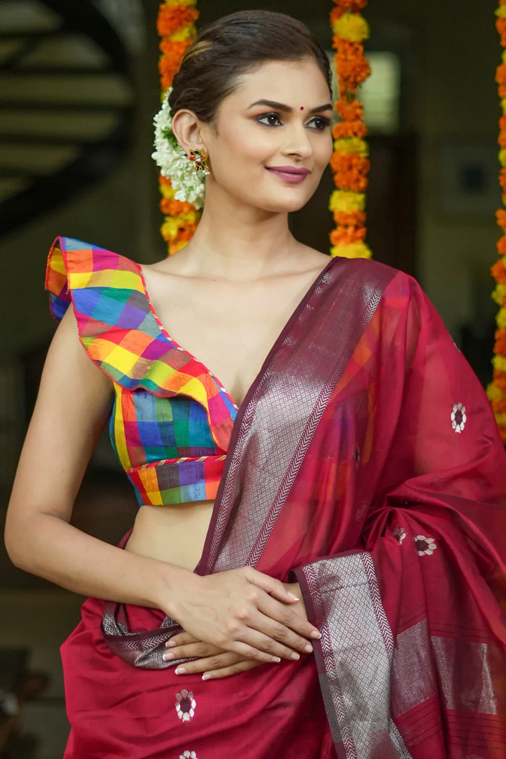 Multicolor checked Pure rawsilk deep V Neck blouse