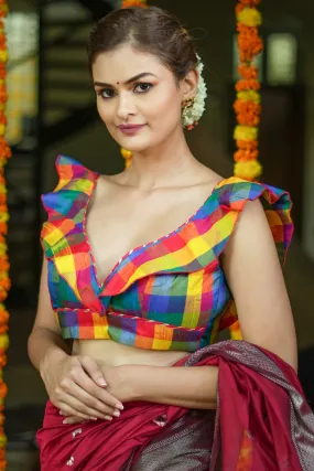 Multicolor checked Pure rawsilk deep V Neck blouse