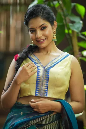 Muted Gold V neck neck sleeveless blouse with blue temple border, Made to Order