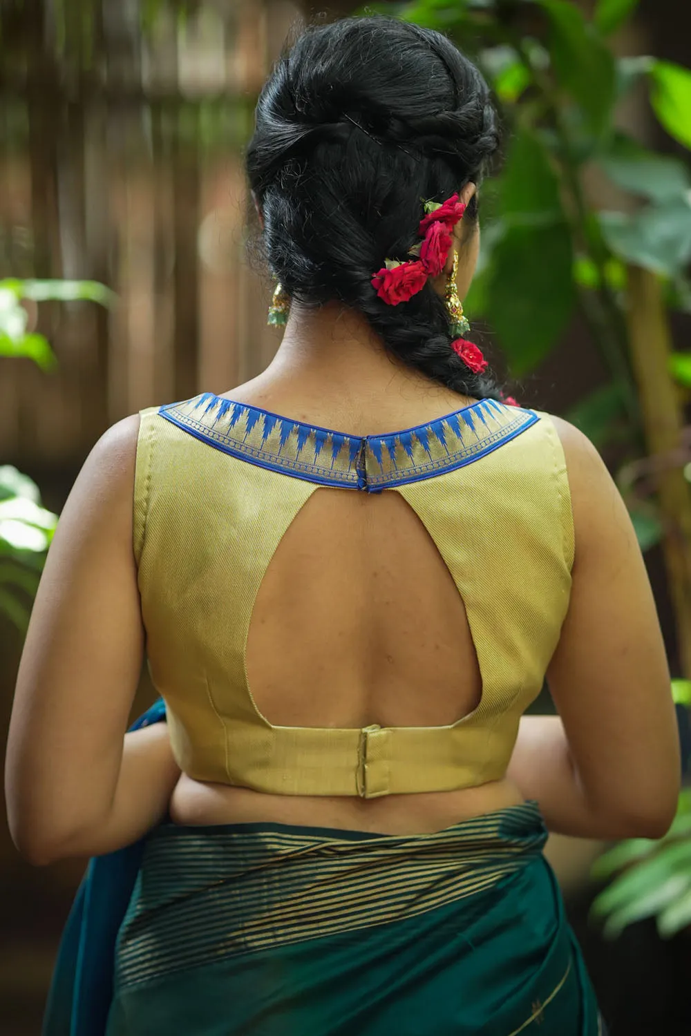 Muted Gold V neck neck sleeveless blouse with blue temple border, Made to Order