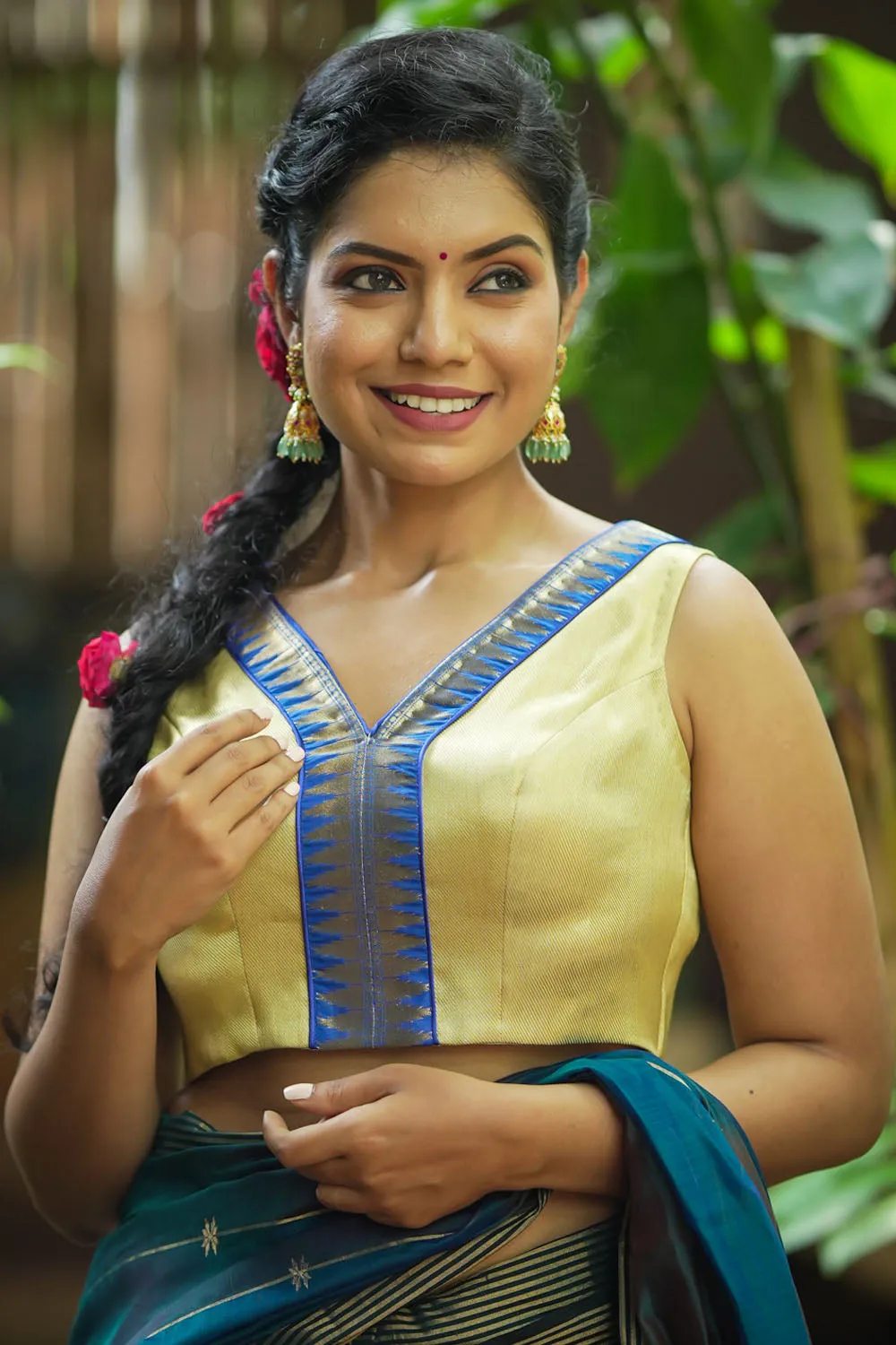 Muted Gold V neck neck sleeveless blouse with blue temple border, Made to Order