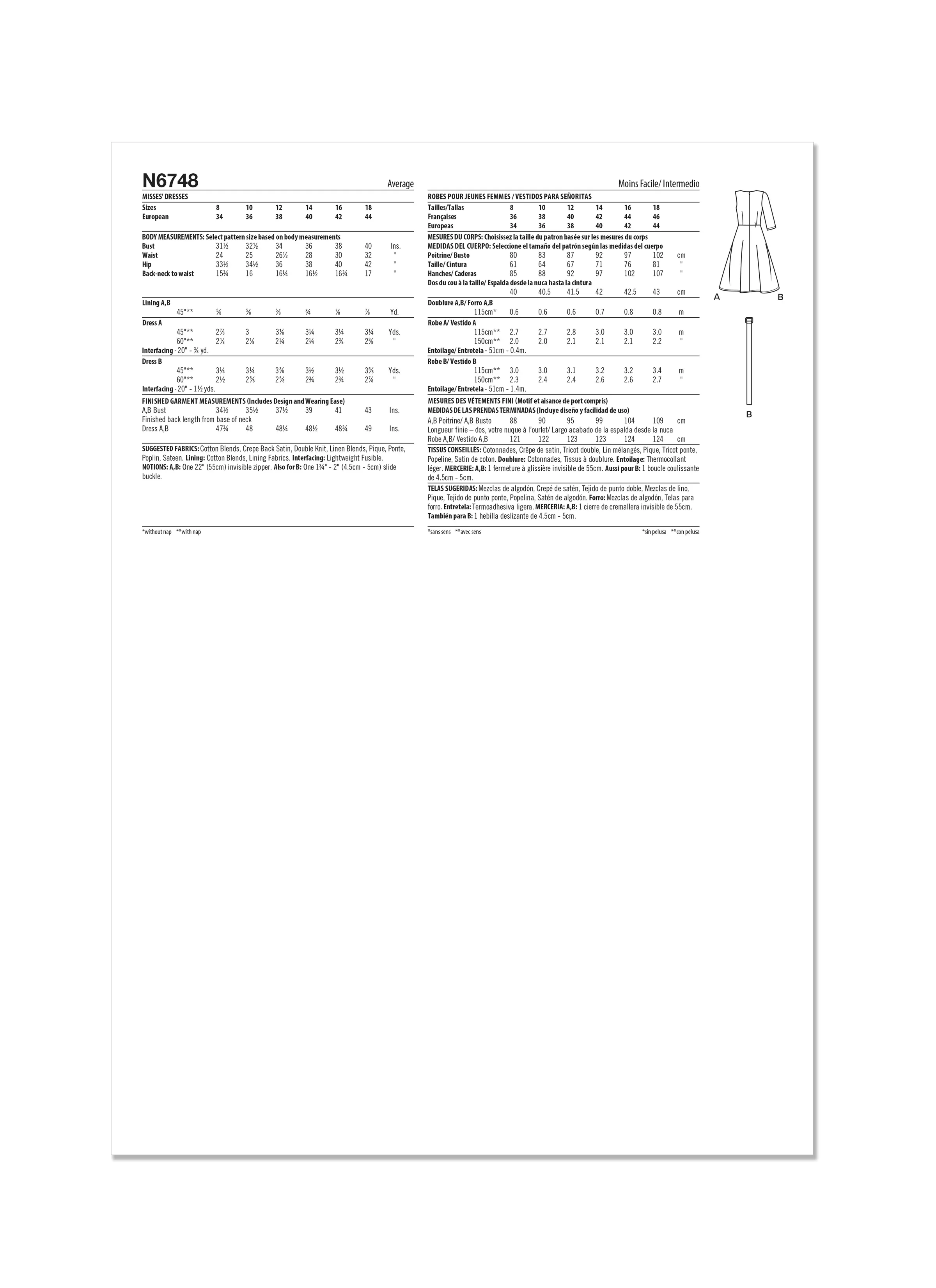 New Look Sewing Pattern N6748 - Misses' Dress With Sleeve Variations