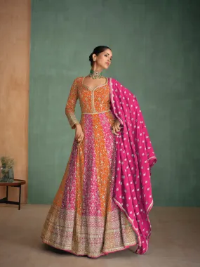 Orange Anarkali Dress with Heavy Diamond Embroidery