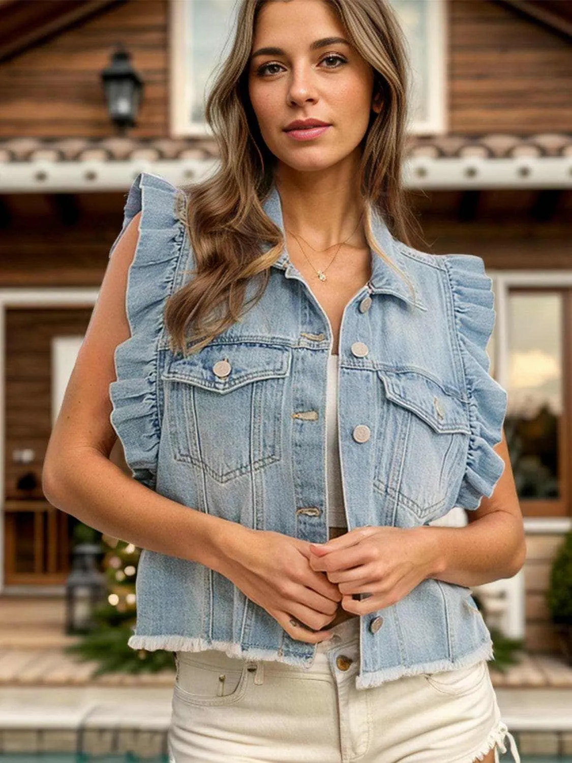Ruffled denim jacket with raw hem